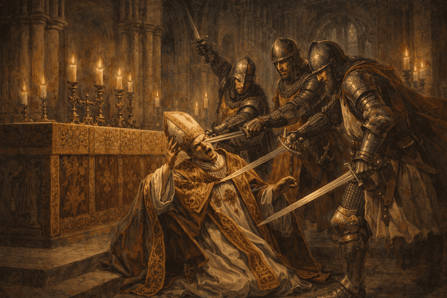 The dramatic scene of Thomas Becket's murder in Canterbury Cathedral with knights and the archbishop near the altar in medieval setting