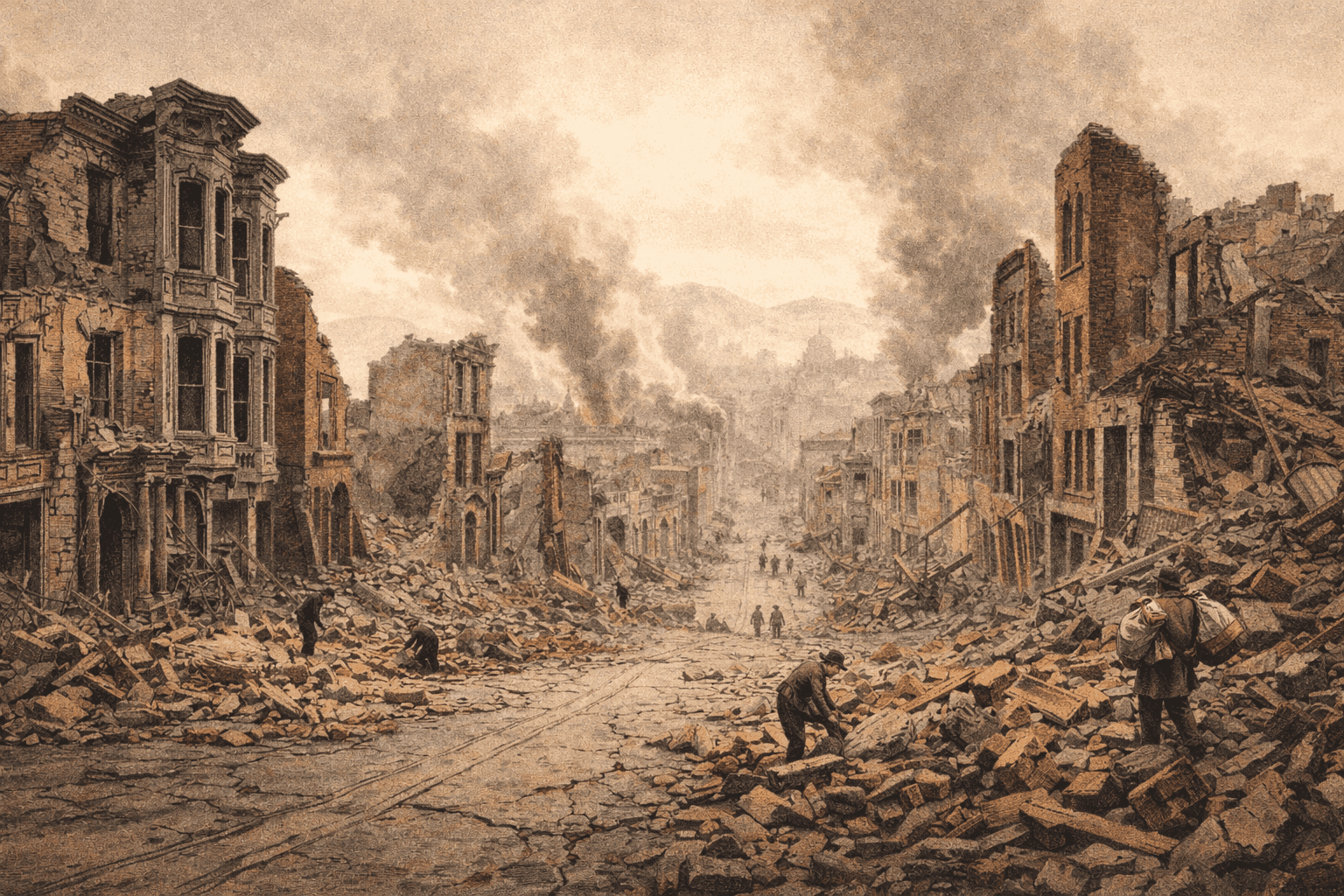The ruins of San Francisco after the 1906 earthquake with collapsed buildings and smoke rising across the cityscape