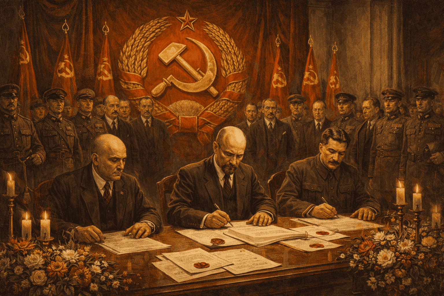 The formal founding ceremony of the USSR in 1922 with Soviet officials, Russian revolutionary symbols, and the hammer and sickle emblem prominent