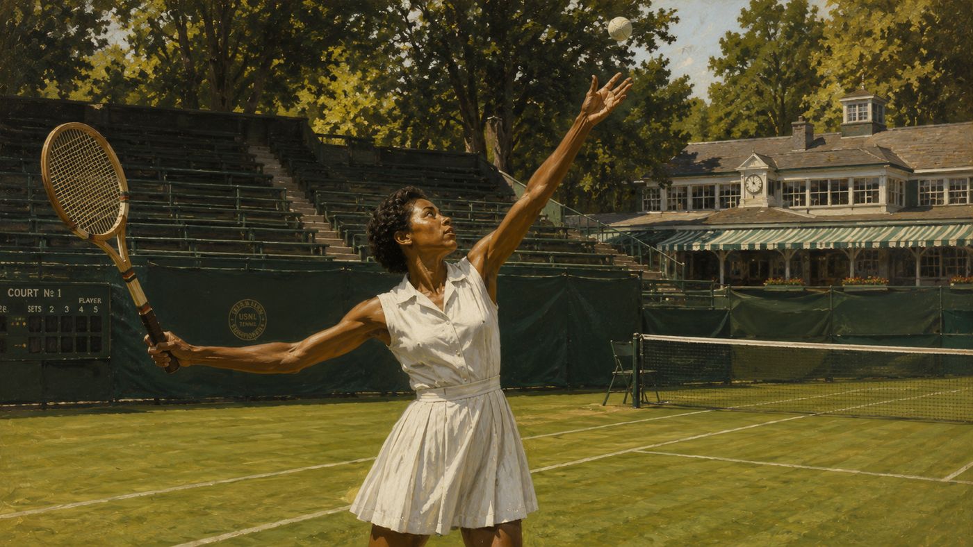 A grass tennis court at a prestigious 1950s American tennis club, a player mid-serve under summer afternoon light, the grandstands visible beyond