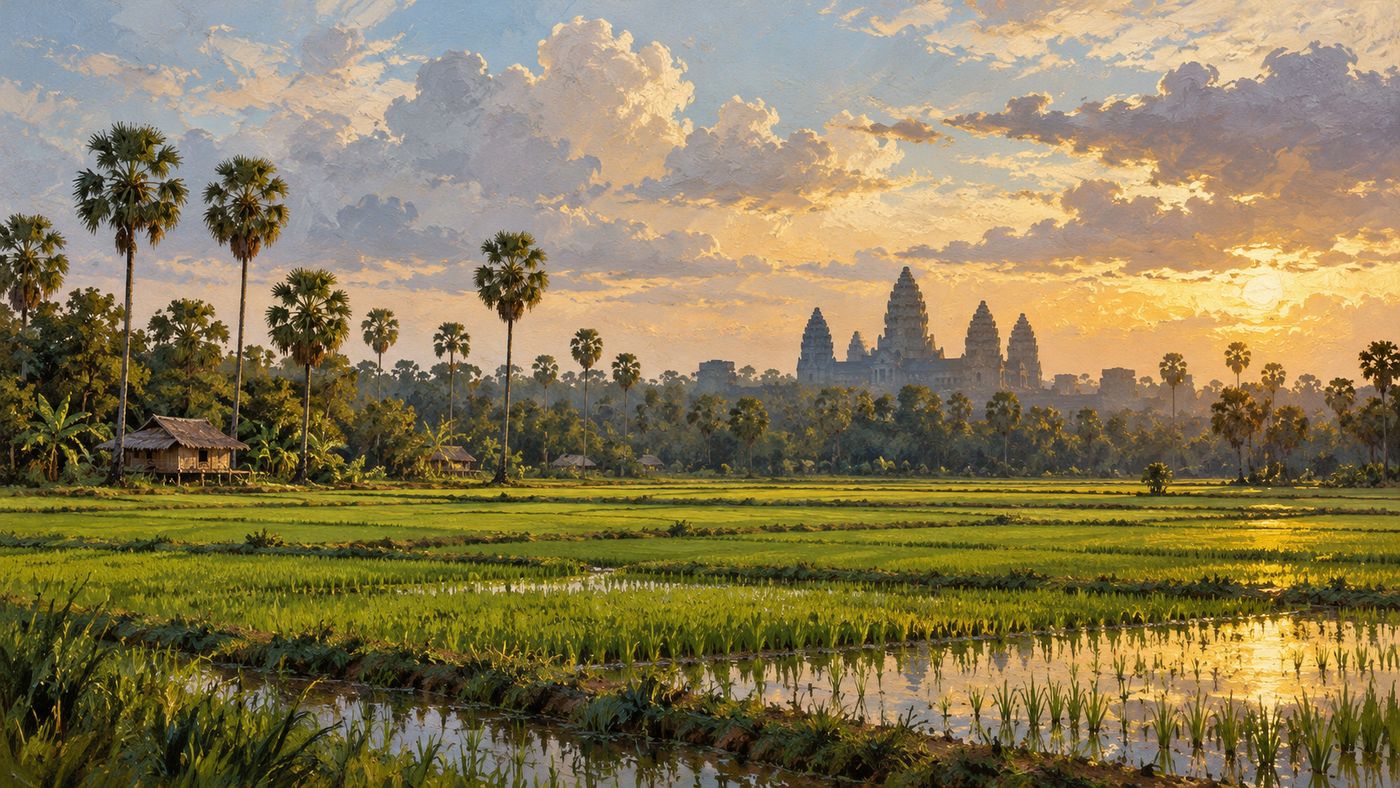 A painterly landscape of the Cambodian countryside — rice paddies stretching to the horizon under a wide tropical sky, the silhouette of ancient Khmer temple spires visible in the distance, the landscape that a colonial power finally released on November 9, 1953