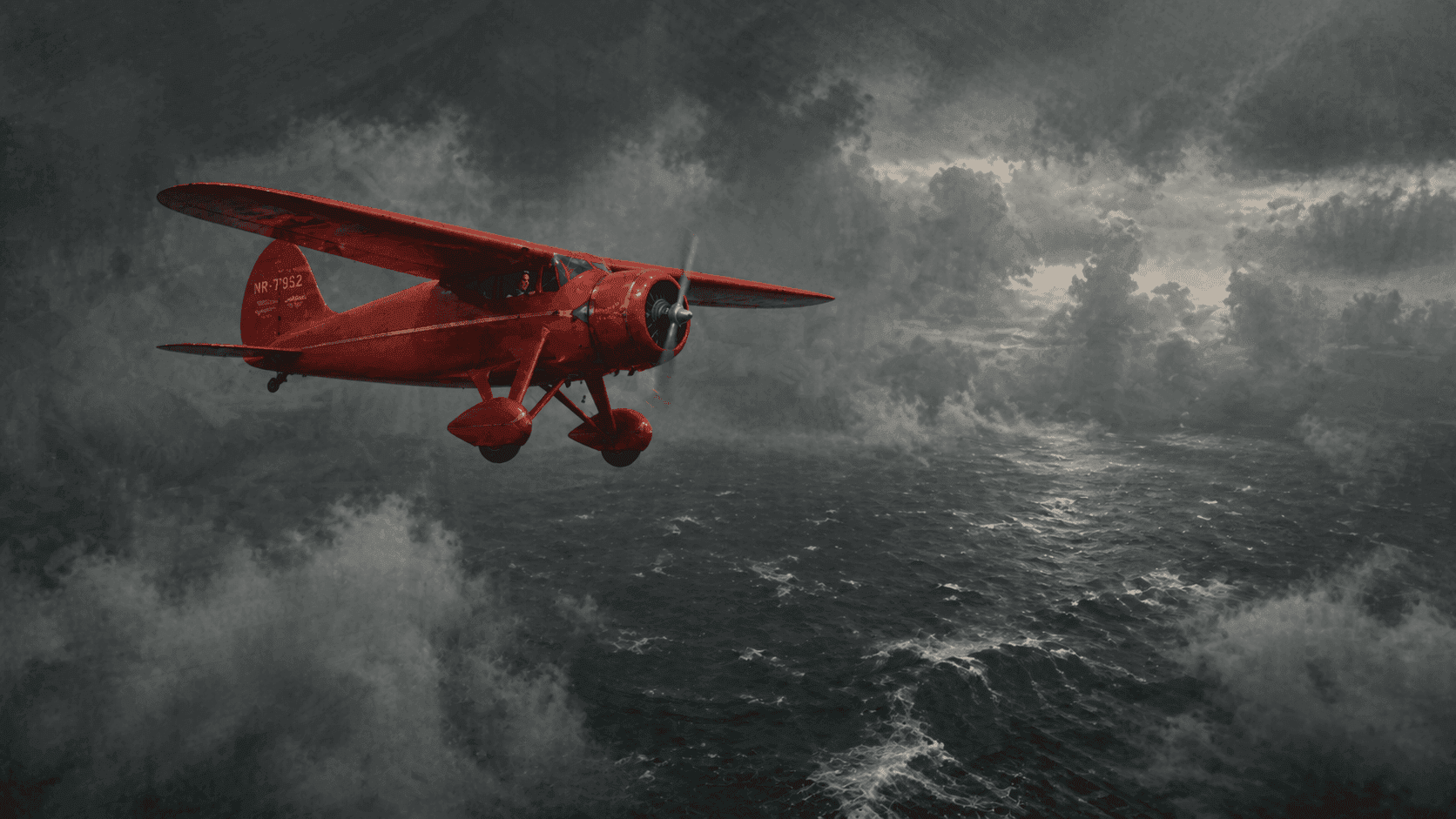 A red single-engine monoplane in flight over the dark North Atlantic against a stormy overcast sky