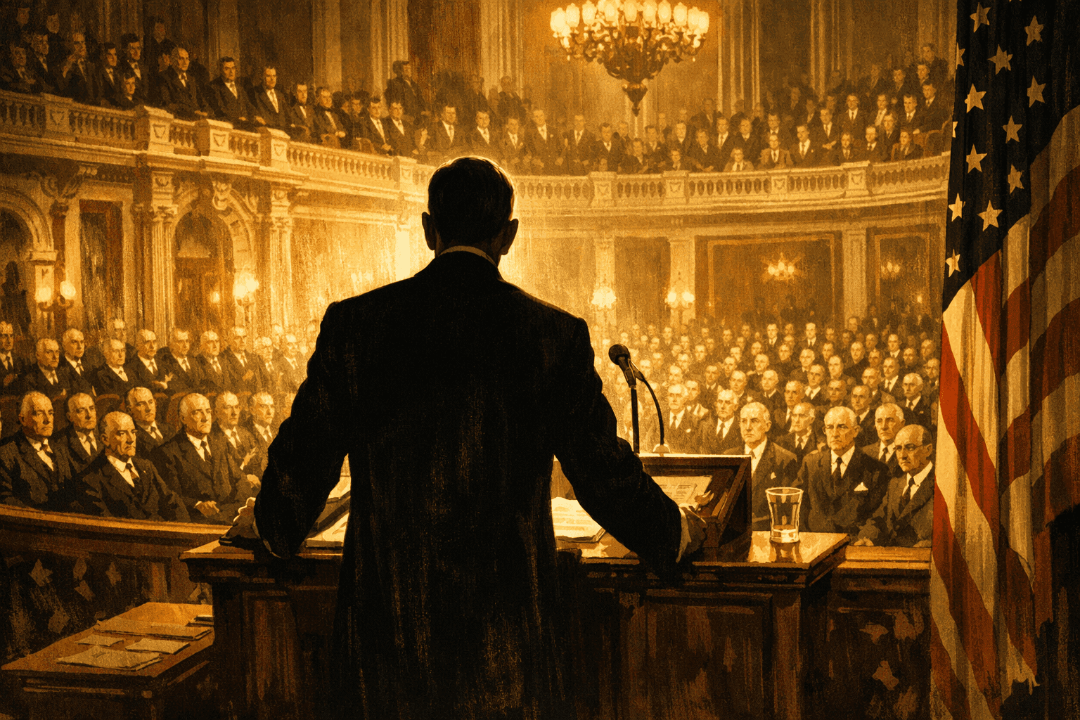 President Woodrow Wilson addressing a joint session of Congress in the ornate House chamber in 1917