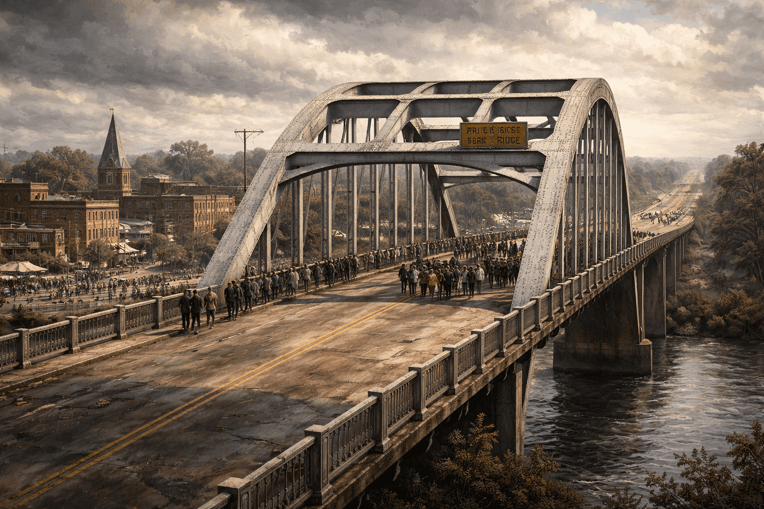 Historical illustration of the Edmund Pettus Bridge in 1960s Selma with Alabama River below