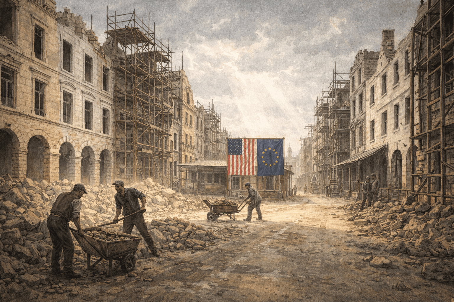 A bombed-out European city street in the late 1940s beginning reconstruction with workers clearing rubble and rebuilding facades