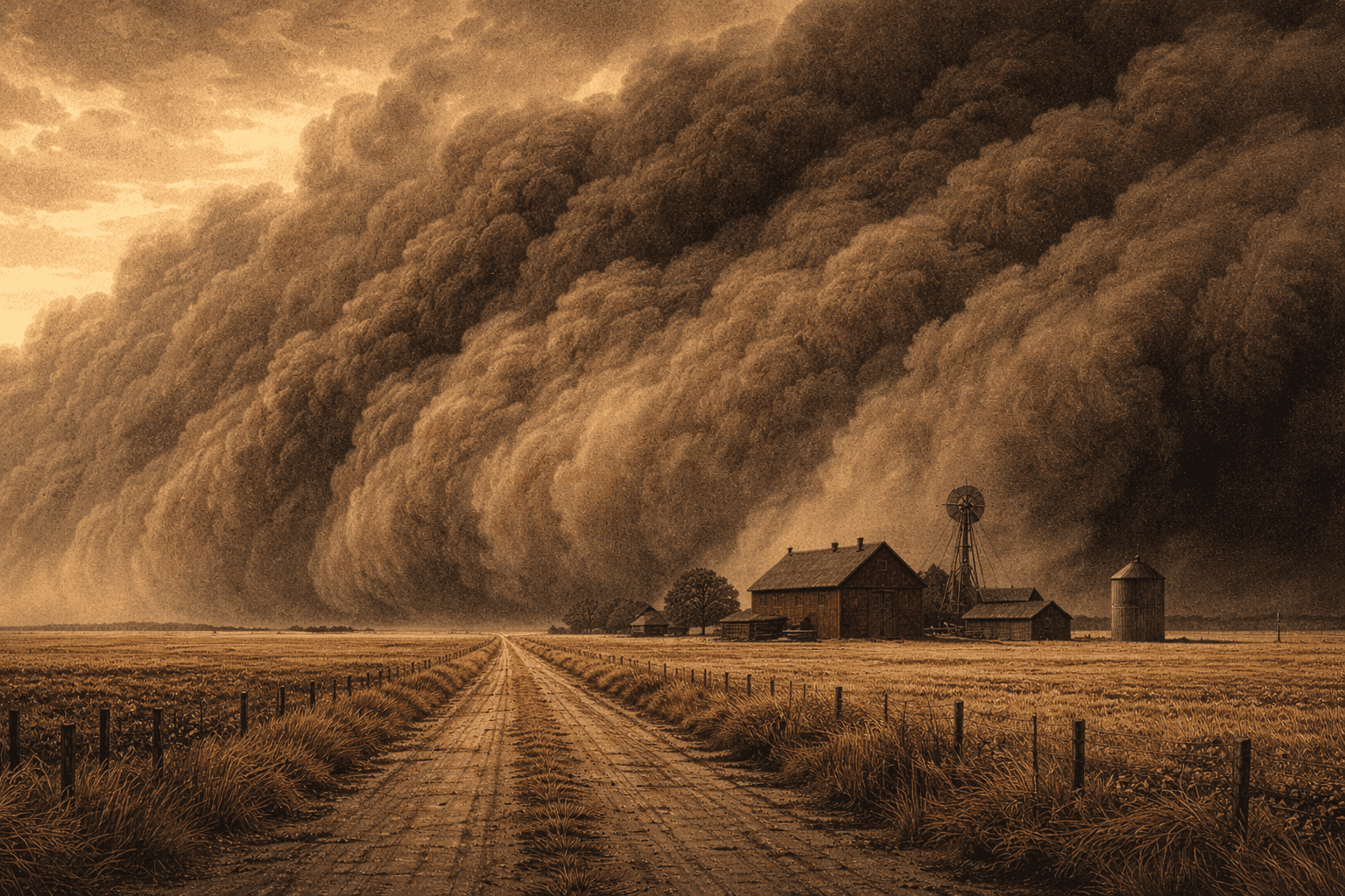 A massive rolling dust cloud advancing over a flat Great Plains landscape darkening the sky above farmhouses