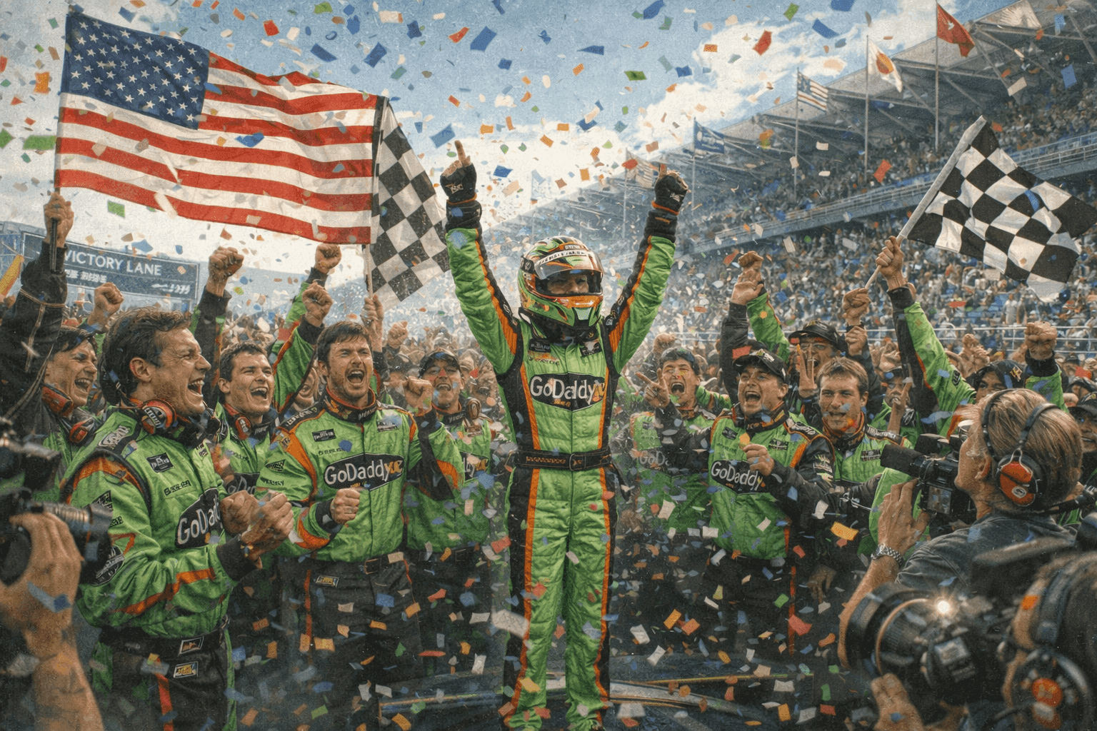 A female race car driver celebrating in victory lane in a firesuit and helmet surrounded by her pit crew