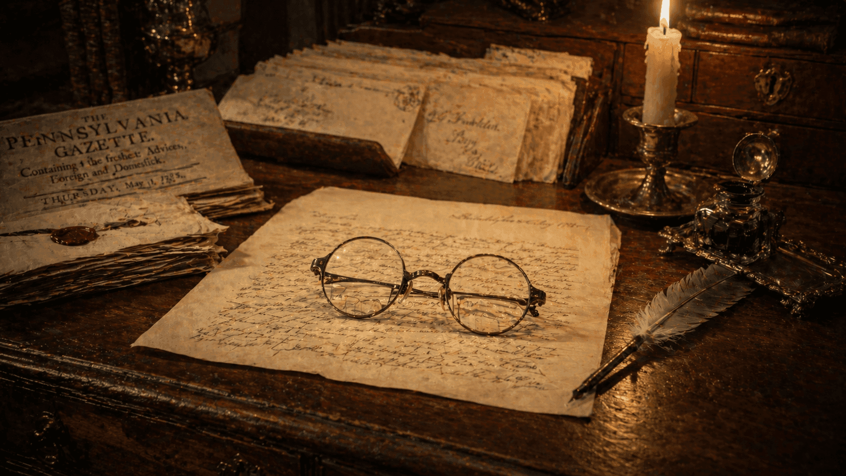 An 18th-century colonial study desk with a pair of early bifocal spectacles resting on an open letter beside a quill pen