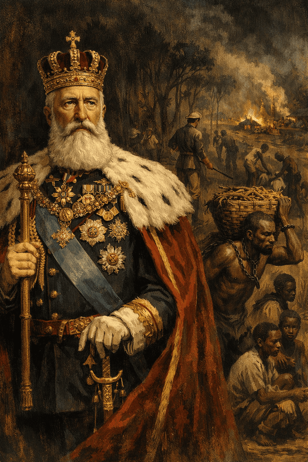 King Leopold II in formal royal attire with a dark, somber representation of Congo's exploitation in the background