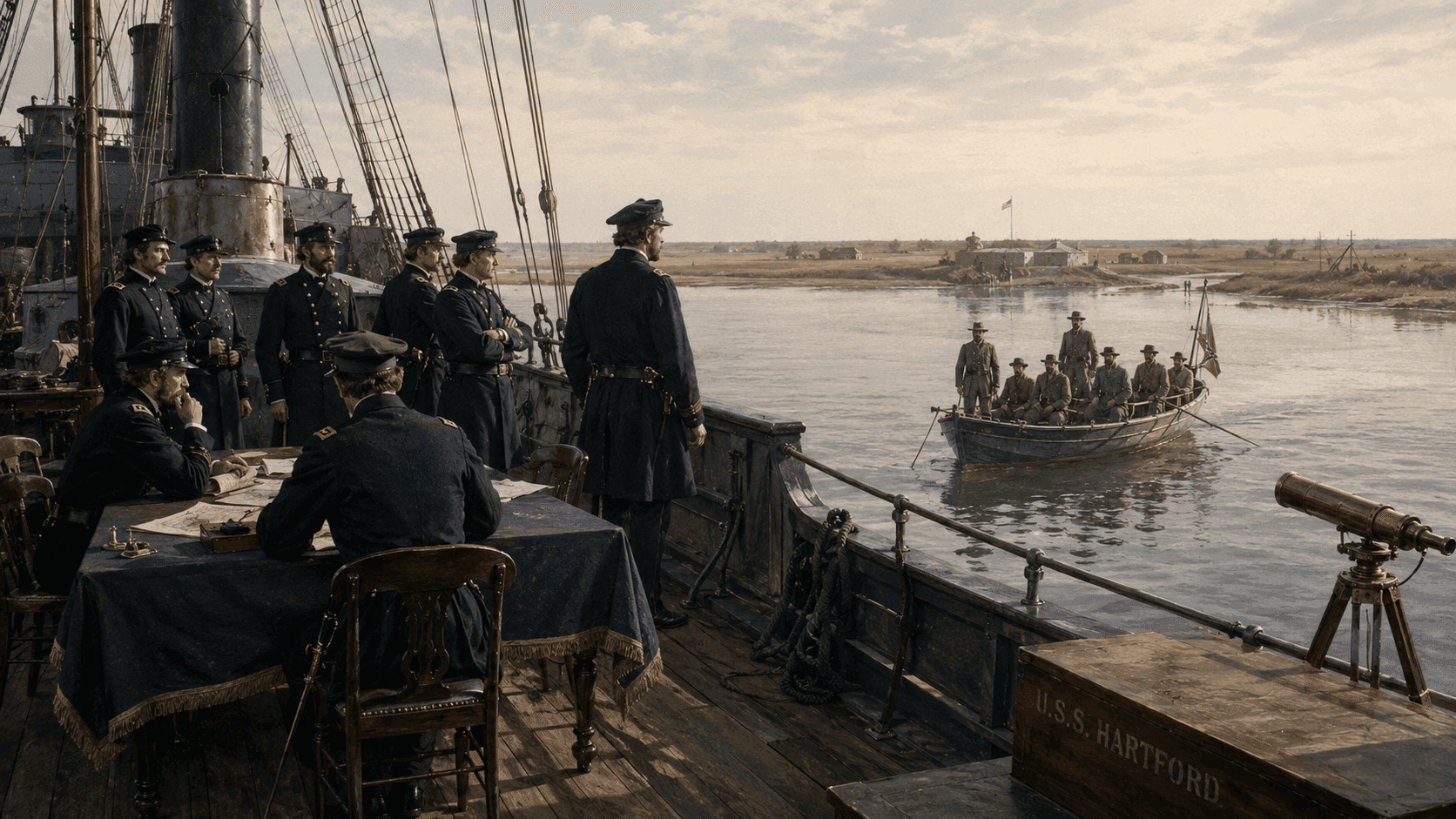 A Union naval vessel anchored in a Texas harbor in 1865 with officers on deck and the Confederate flag being lowered on the shore