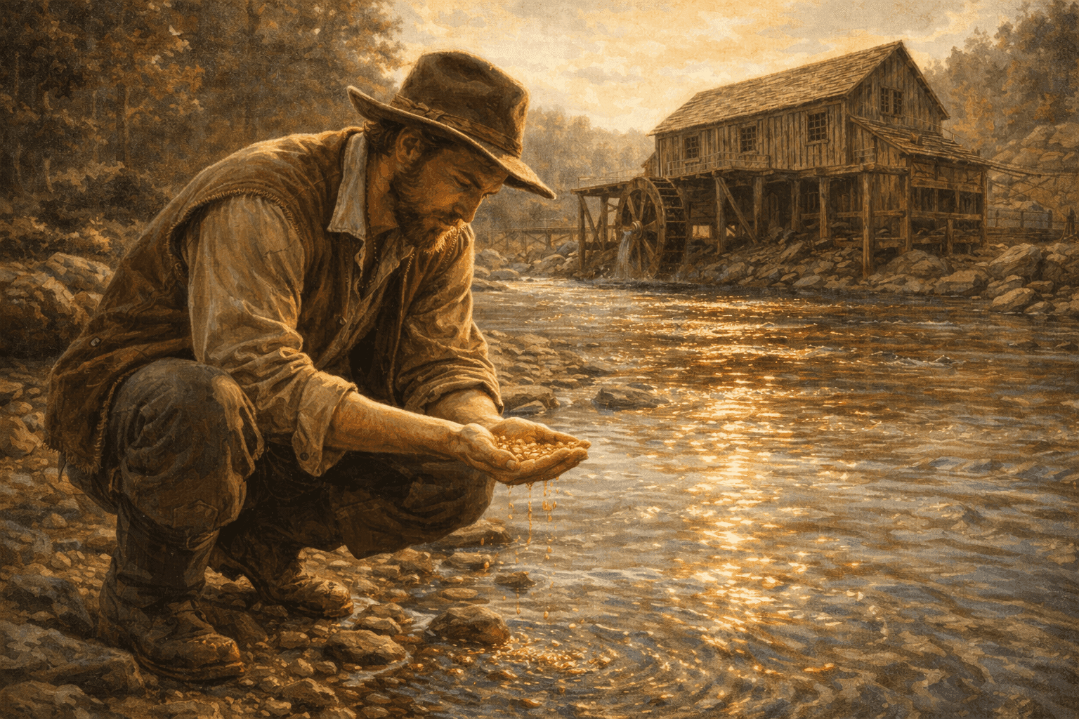 James Marshall discovering gold flakes in the water at Sutter's Mill with the wooden sawmill structure visible