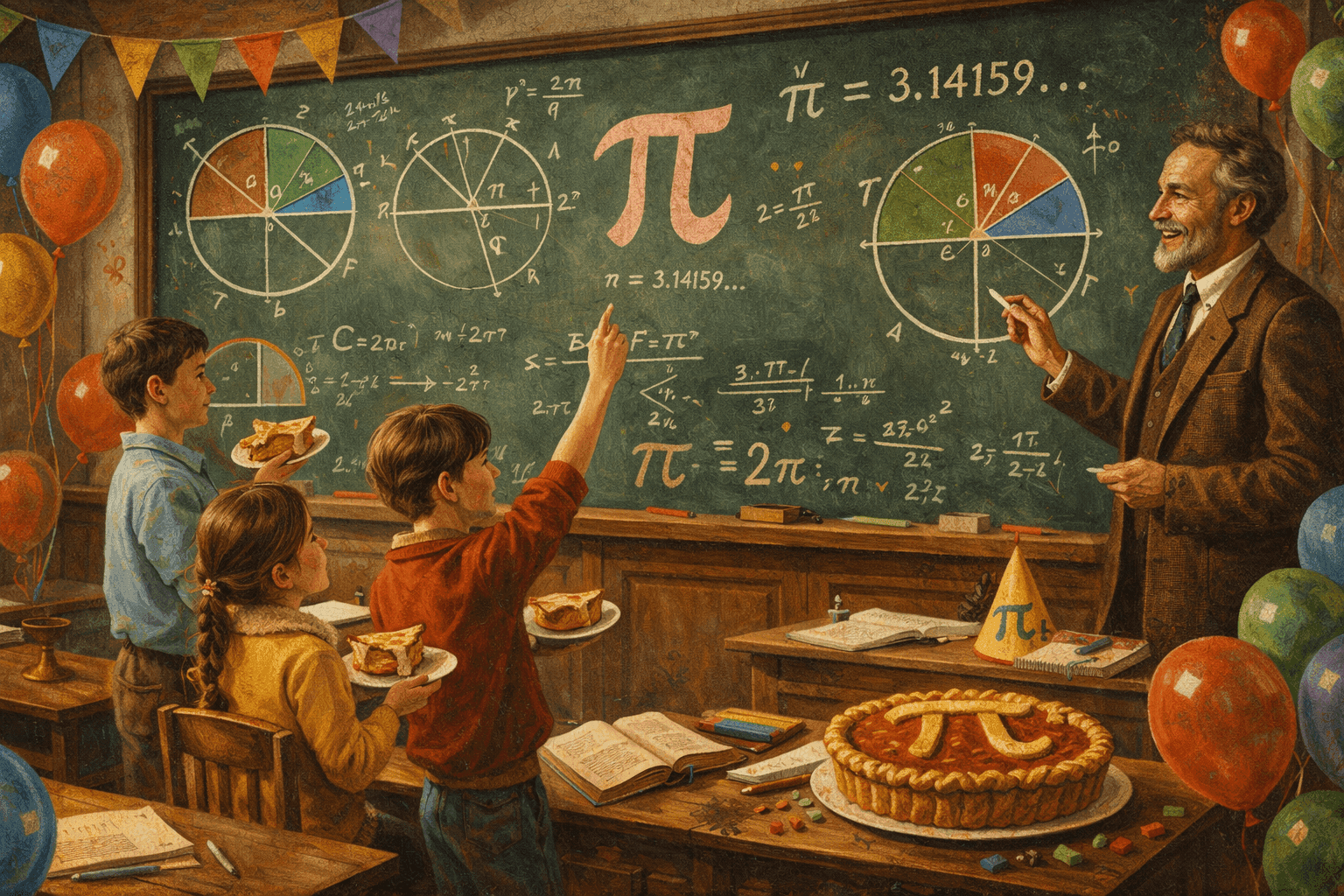 Historical illustration of mathematics classroom with chalkboard showing mathematical equations and geometric diagrams