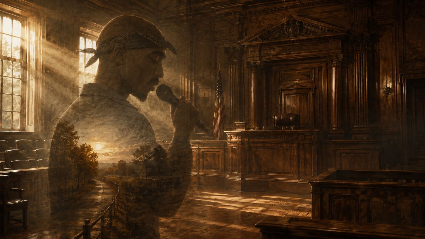 Courtroom scene evoking the conclusion of a decades-long murder investigation