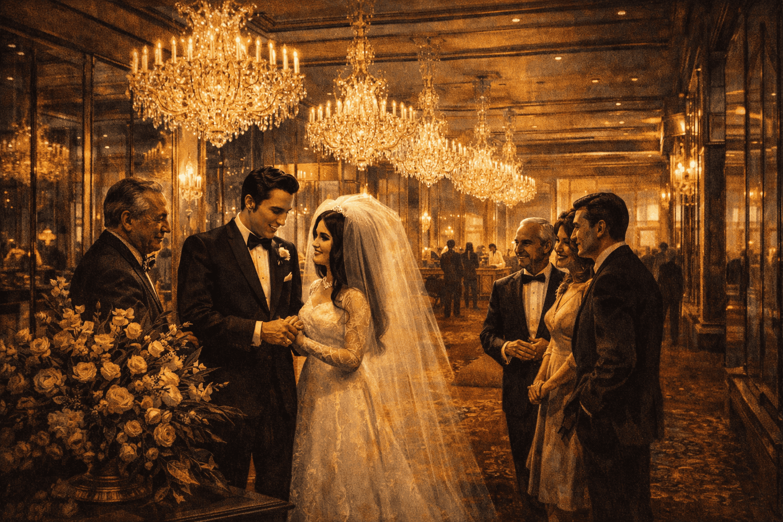 A glamorous 1960s Las Vegas hotel lobby with ornate chandeliers and elegantly dressed guests celebrating a special occasion