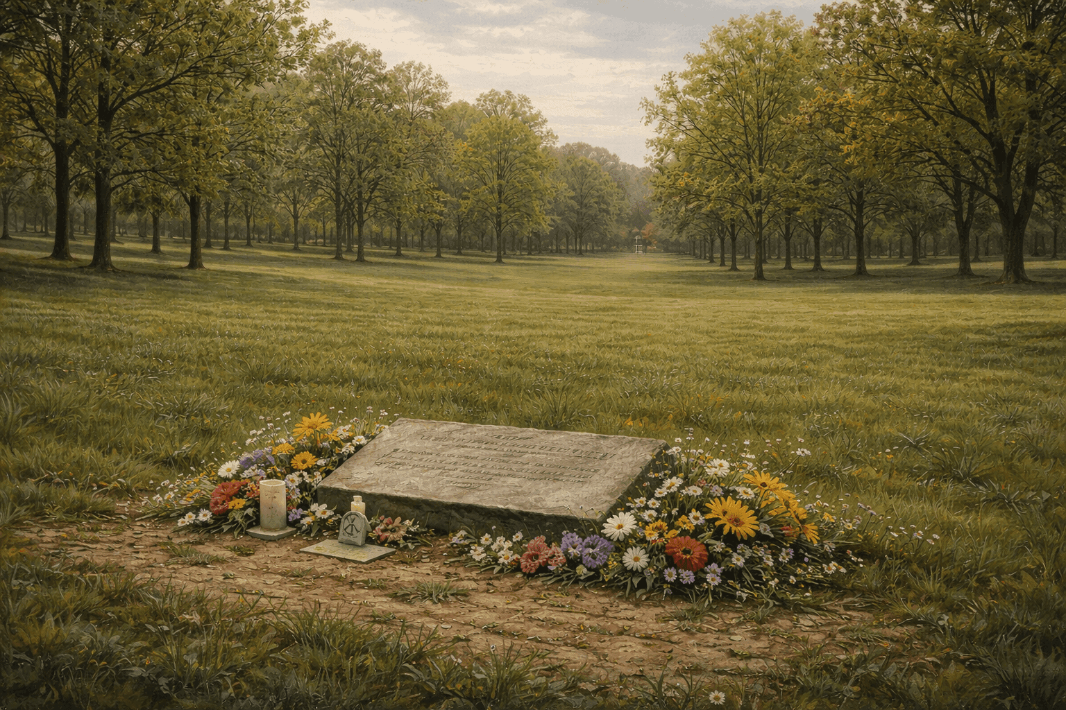 The campus commons at Kent State University with a memorial marker on the green lawn surrounded by spring trees