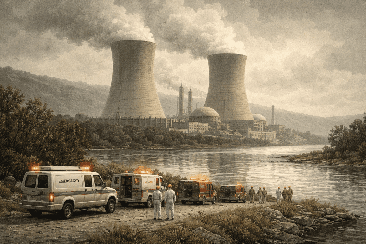 The cooling towers of Three Mile Island nuclear plant rising above the Susquehanna River in Pennsylvania