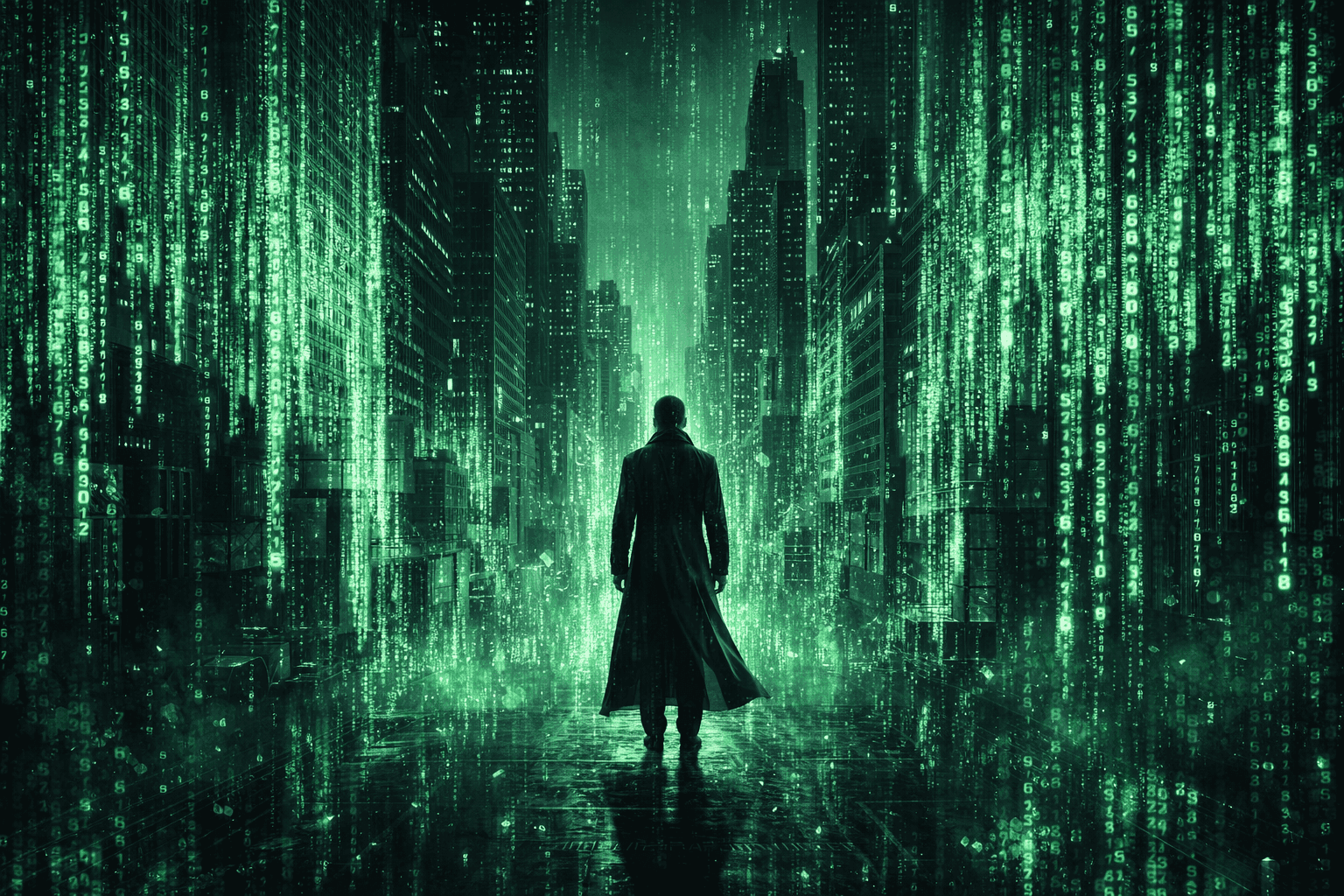 A cinematic scene of cascading green digital code against a dark background evoking the visual language of The Matrix