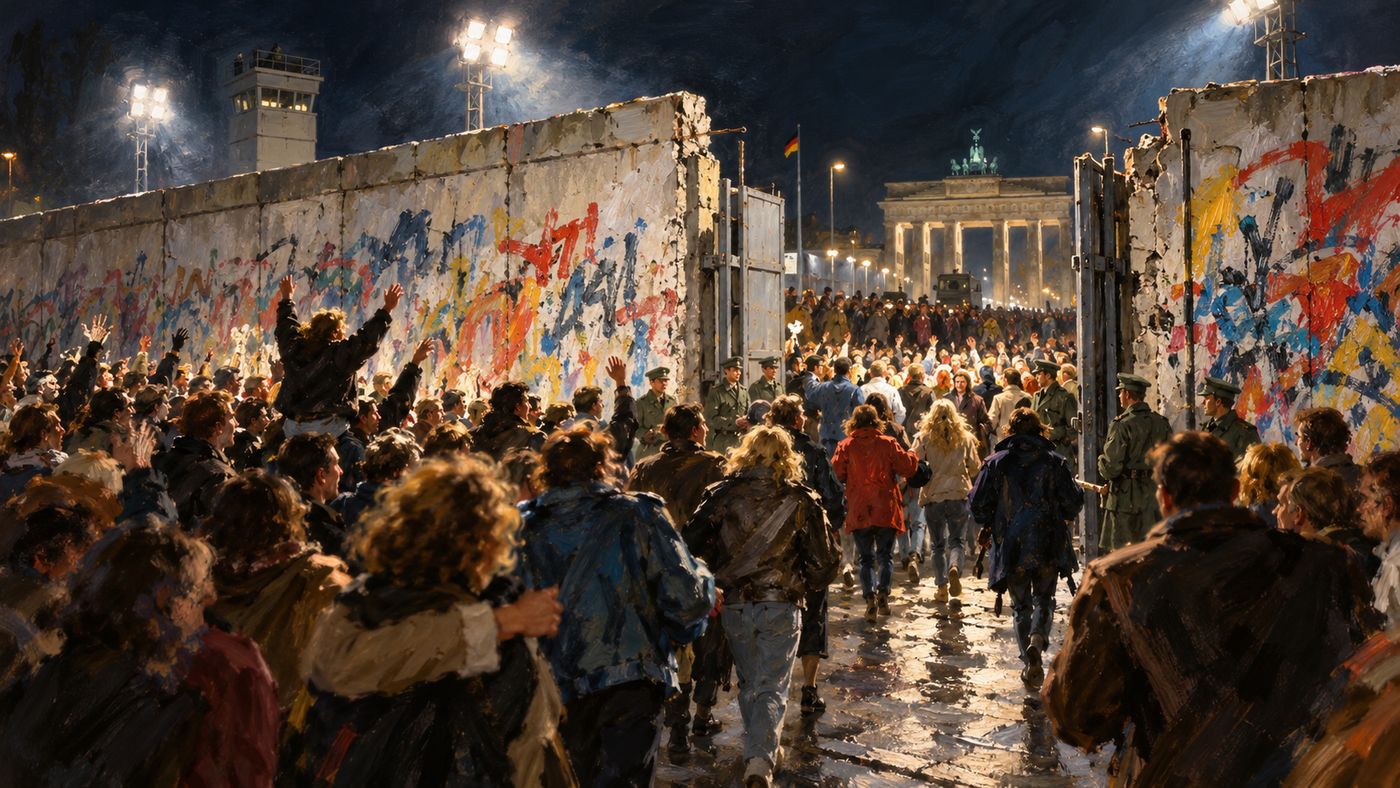 A painterly illustration of the Berlin Wall at night — the long concrete barrier lit by floodlights, crowds of people gathered at a checkpoint, the moment of opening rendered in the warm light of a historic evening