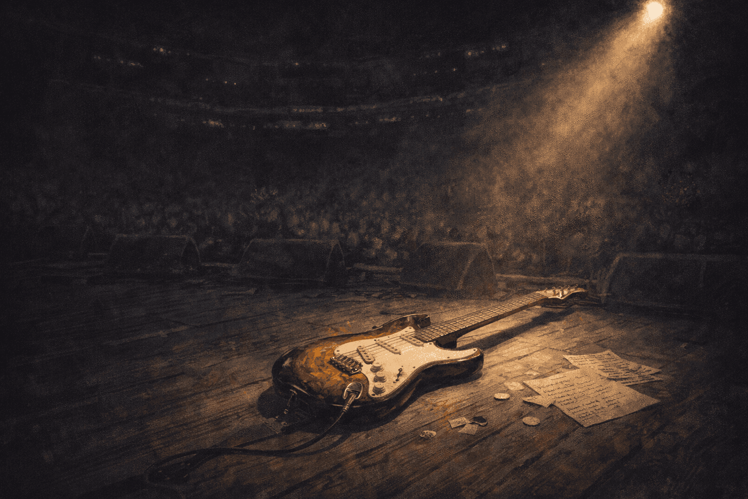 A vintage electric guitar lying on a worn wooden stage floor beneath a single spotlight in an empty concert venue