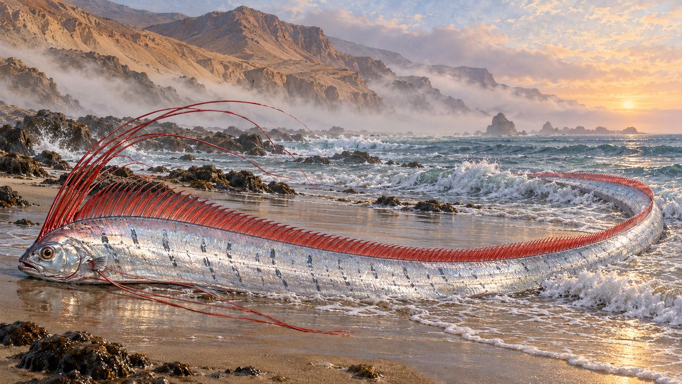 A long silver oarfish with a red dorsal fin lying on a misty beach beneath desert cliffs