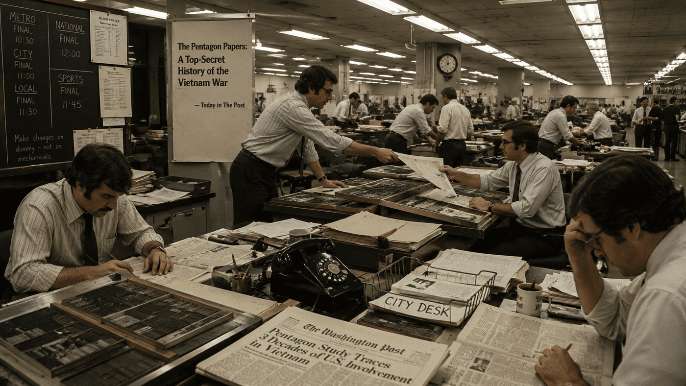 A 1970s newspaper composing room with editors and typesetters working under fluorescent lights surrounded by galleys of type