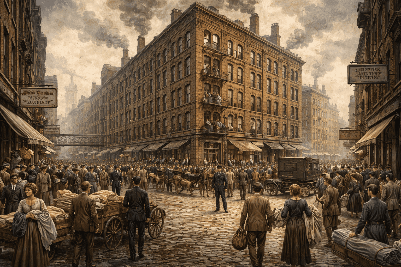 Historical illustration of 1910s New York City industrial district with factory buildings and urban landscape