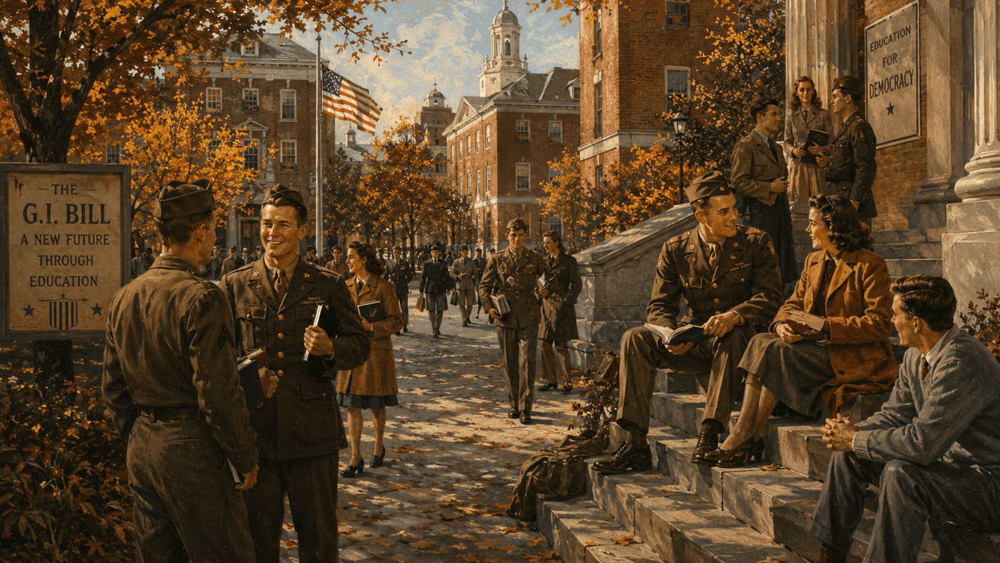A 1940s college campus with veterans in uniform walking among civilian students toward a brick classroom building