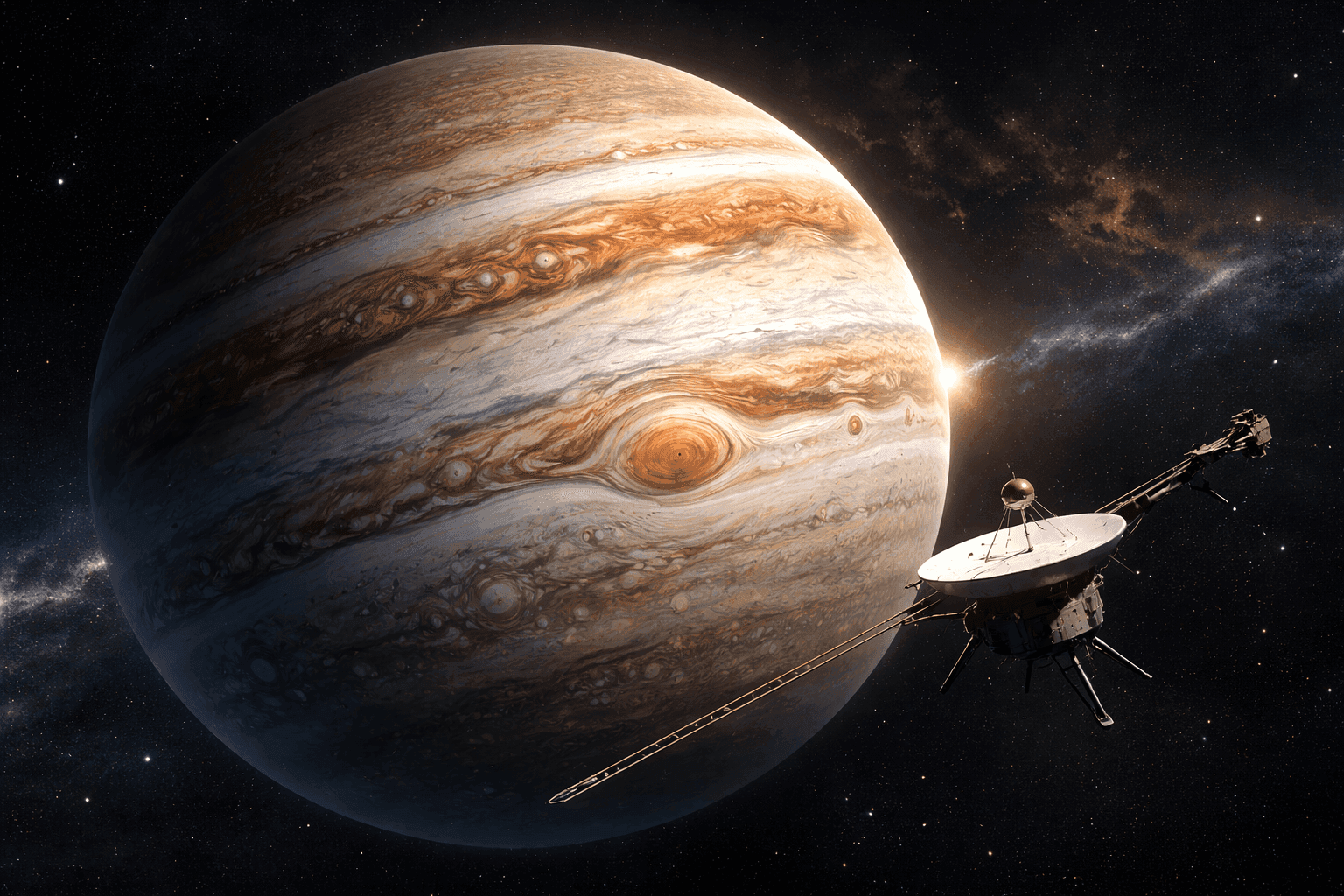 Historical illustration of Jupiter with Great Red Spot and Voyager spacecraft approaching the giant planet