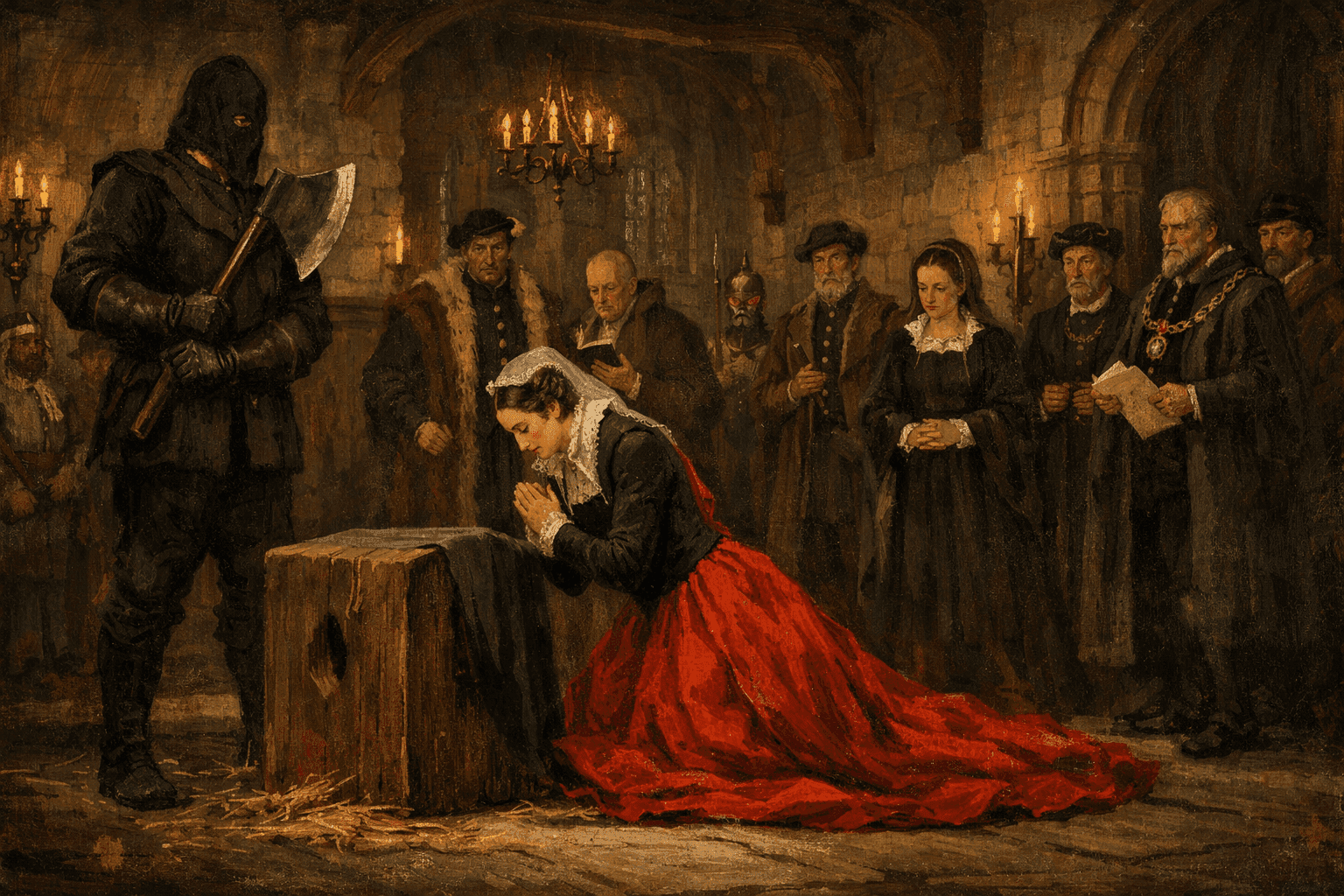 Mary Queen of Scots at the execution block in Fotheringhay Castle with executioner and witnesses present