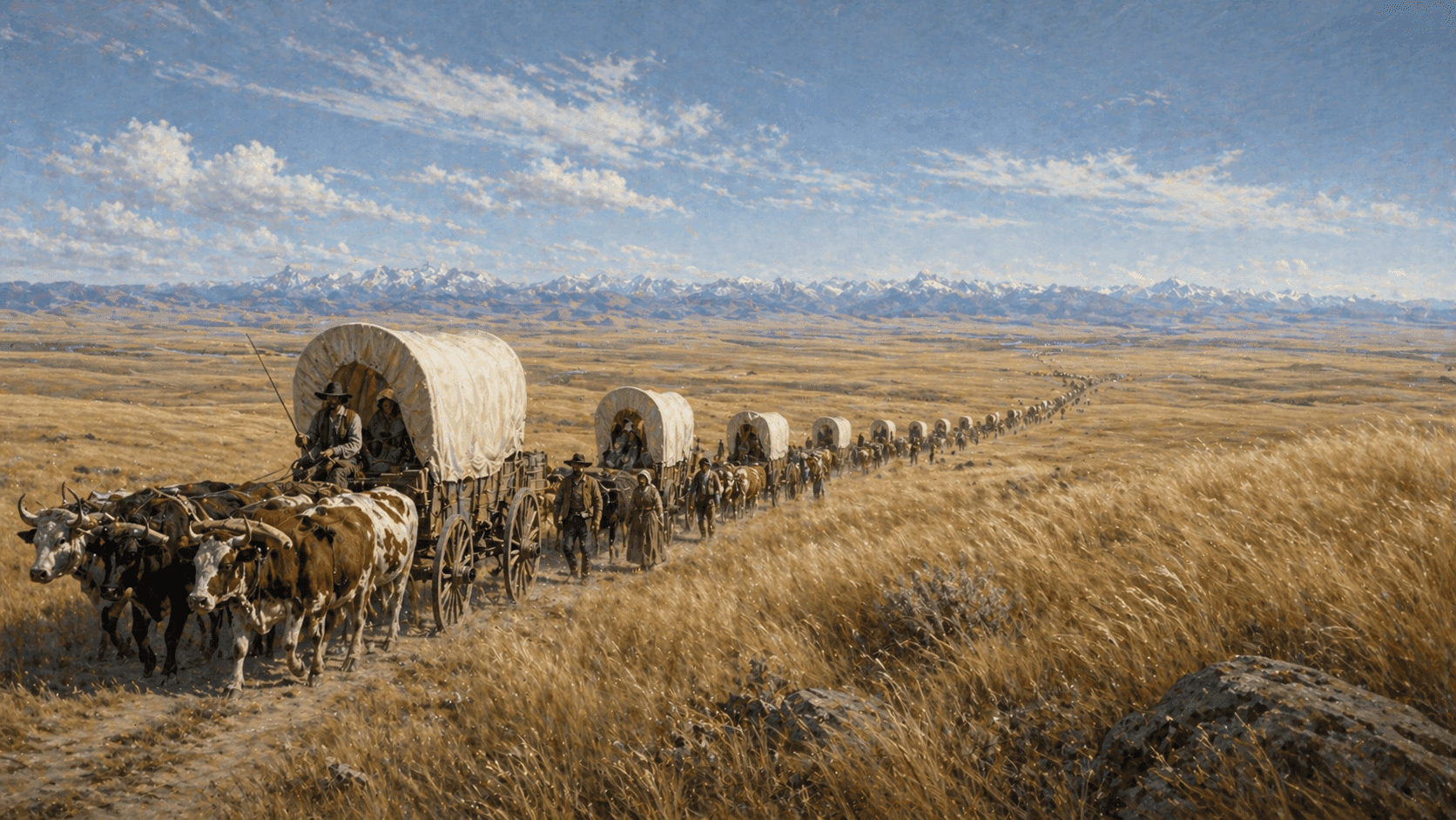 A long wagon train of covered wagons moving across the Great Plains toward distant mountains in the 1840s