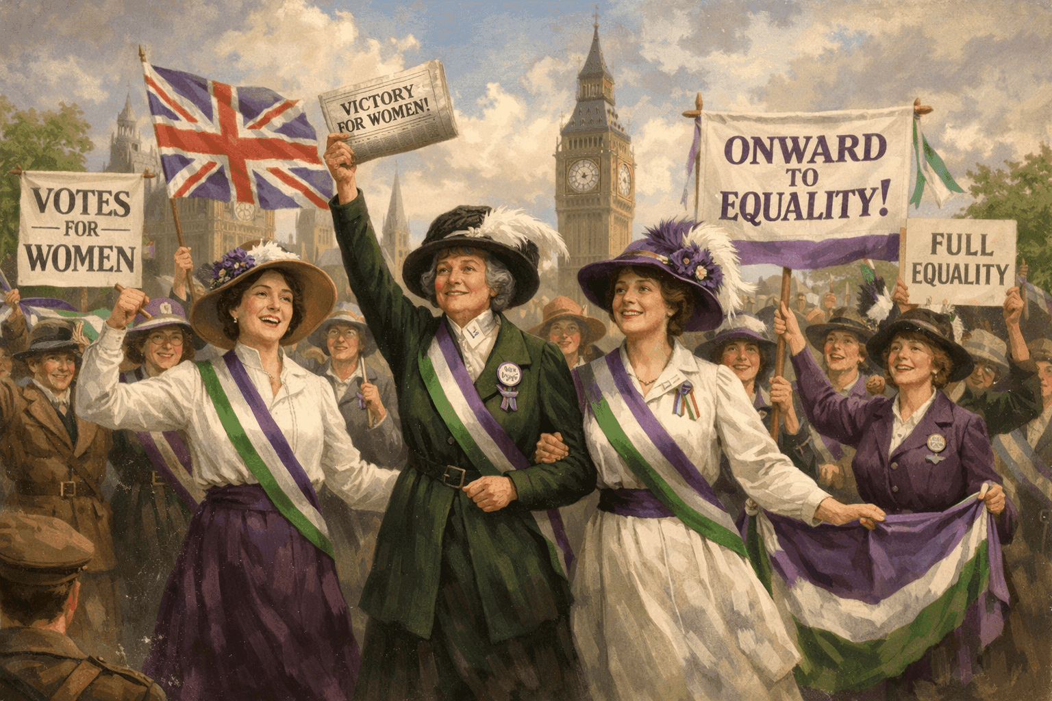 British suffragettes celebrating the Representation of the People Act with banners and period clothing from 1918