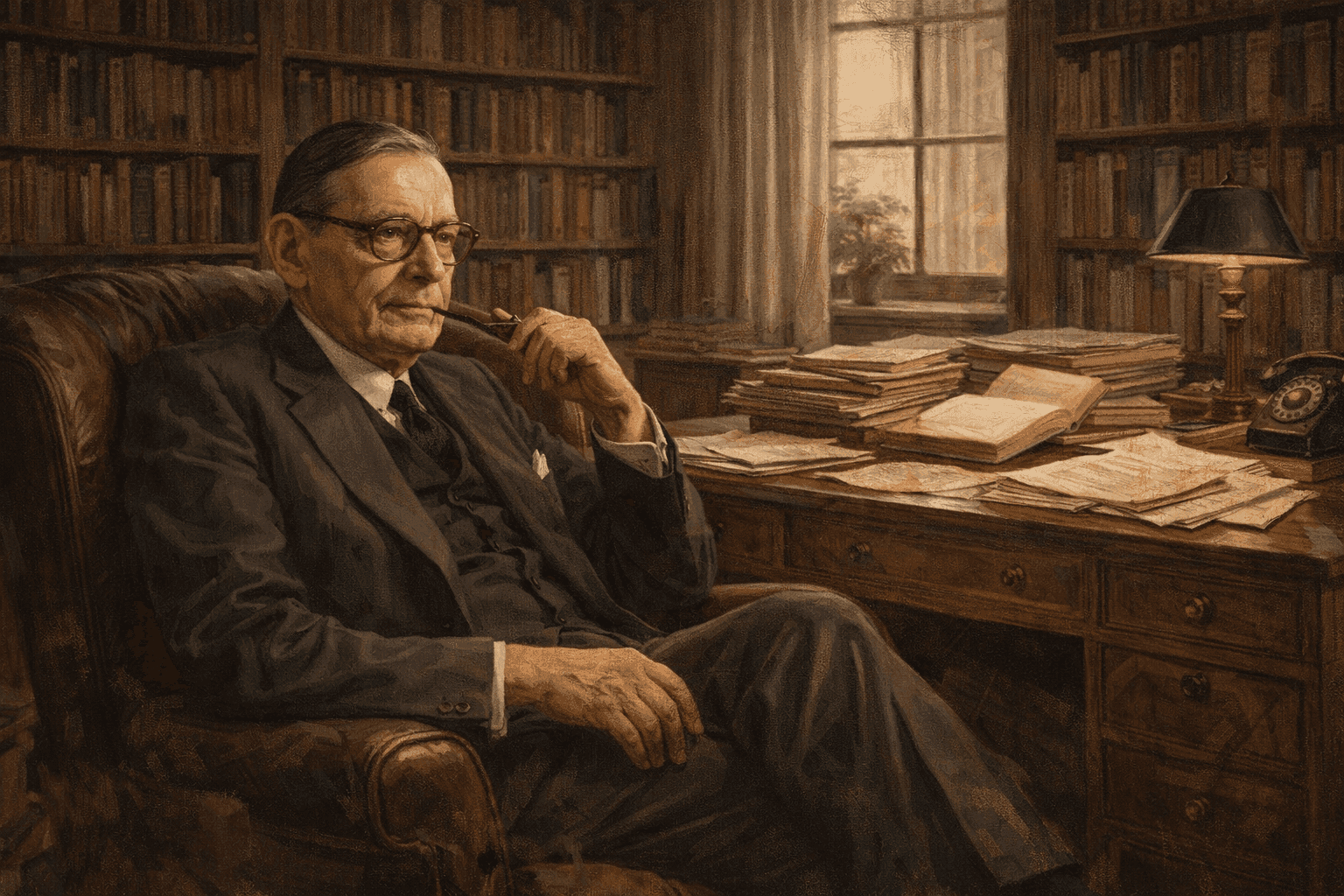T.S. Eliot in his later years sitting contemplatively in his study surrounded by books and writing materials in 1960s London