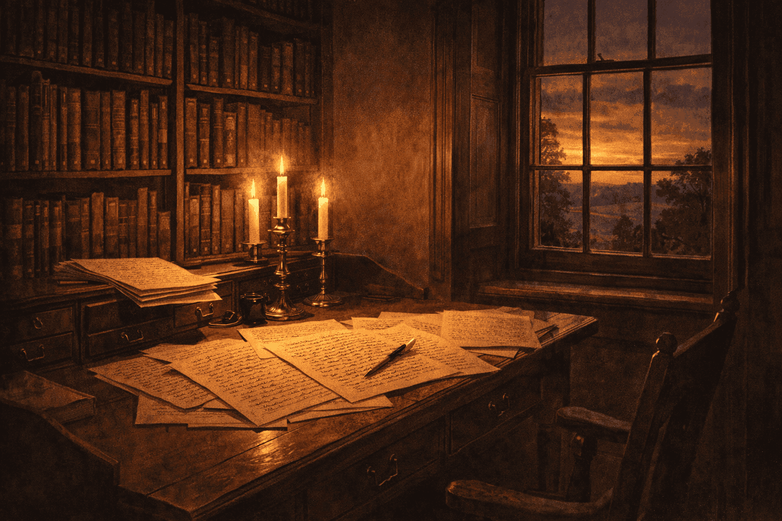 A quill pen resting across a handwritten draft of an 18th-century document on a wooden writing desk in a candlelit colonial study