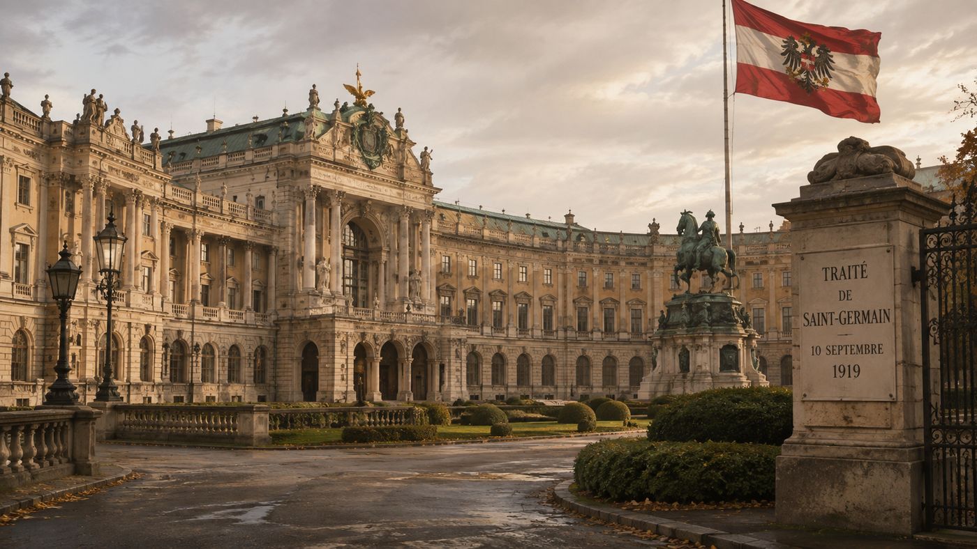 A grand Baroque palace in the Viennese imperial style, its ornate facade visible across a formal garden, the imperial grandeur now belonging to a republic without an empire