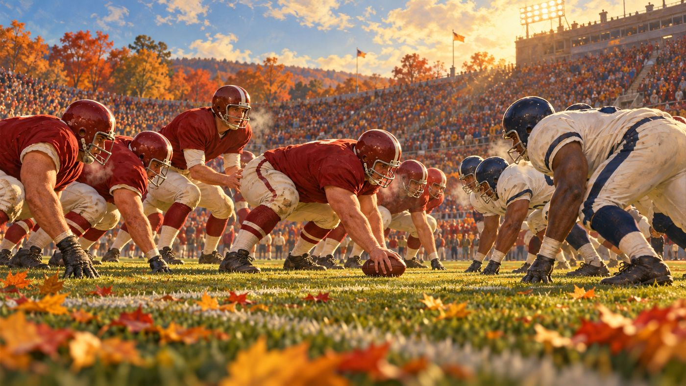 A packed football stadium on a crisp autumn afternoon at kickoff, with players lined up under golden light