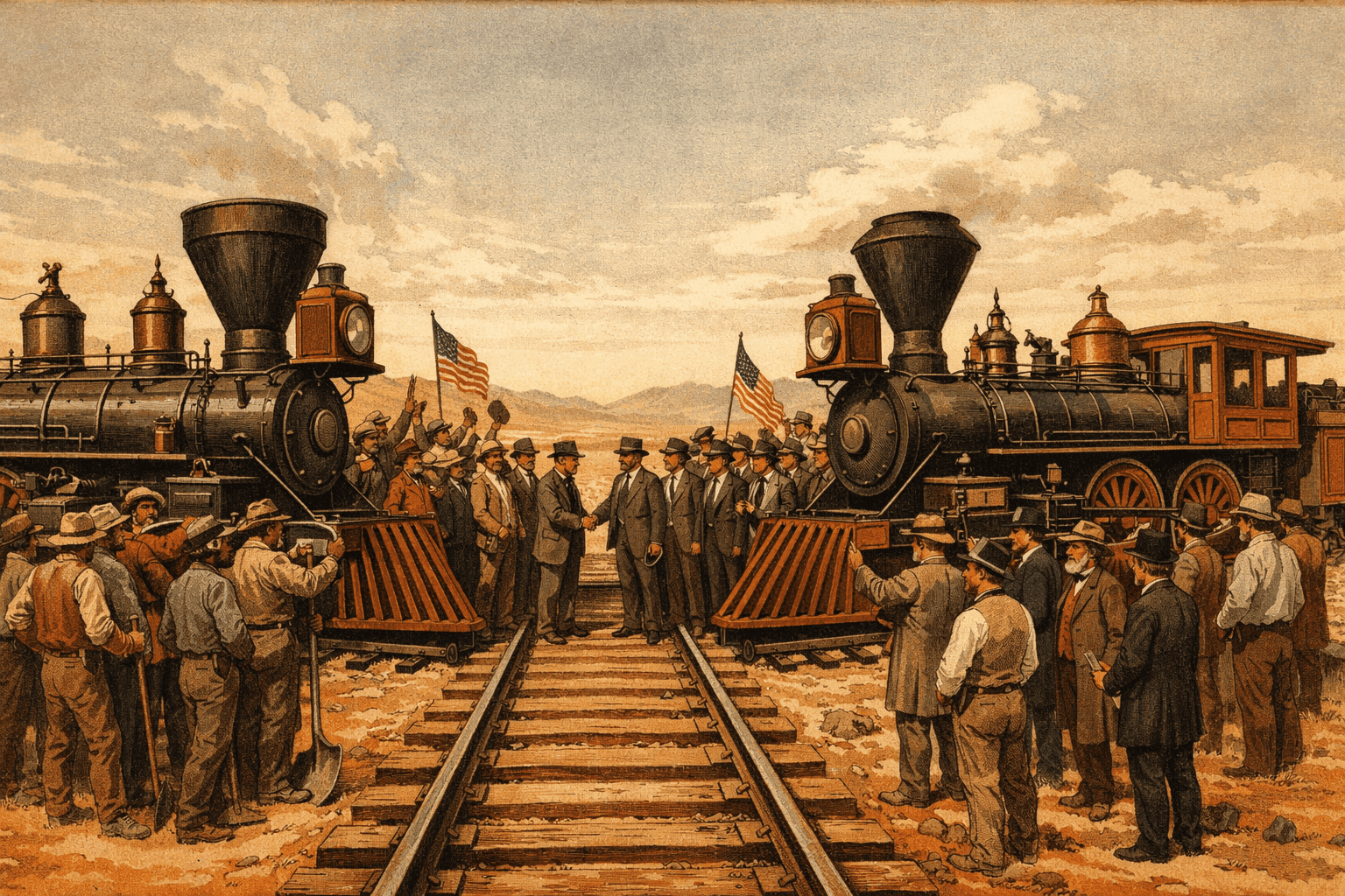 Two steam locomotives facing each other at Promontory Summit Utah with workers and officials gathered between them in 1869