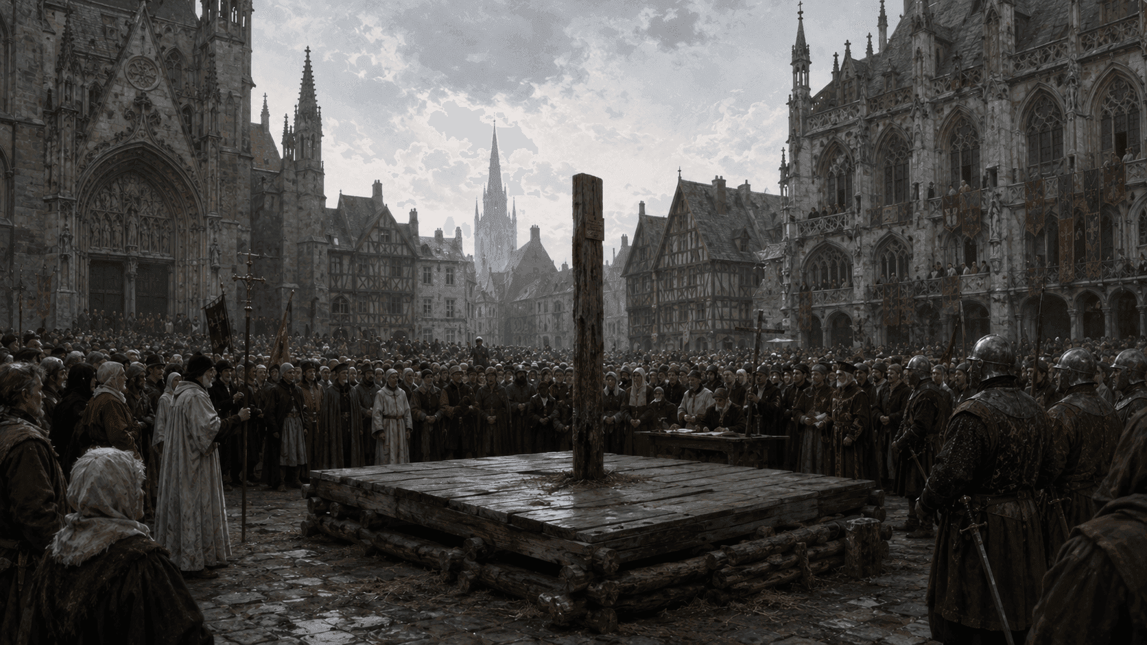 A medieval French market square with stone buildings and a crowd gathered around a central stone platform in Rouen