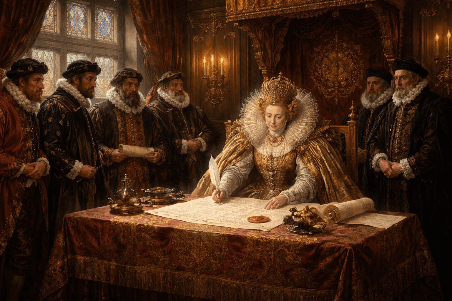 Queen Elizabeth I signing the East India Company charter in 1600 with merchants and royal officials present in an Elizabethan court setting