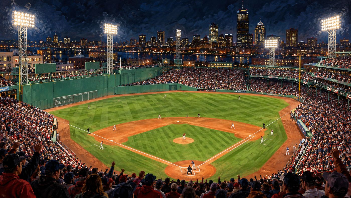 A painterly illustration of Fenway Park on an autumn night — the iconic green ballpark seen from above, the field brilliant under the lights, the stands packed with fans in red, the city of Boston visible beyond the outfield walls