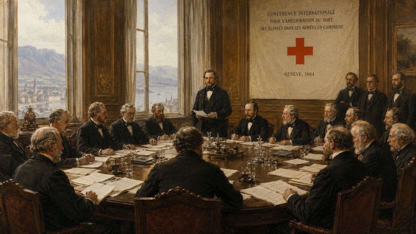 A 19th century European diplomatic conference room in Geneva, formally dressed delegates seated at a long table signing a historic treaty