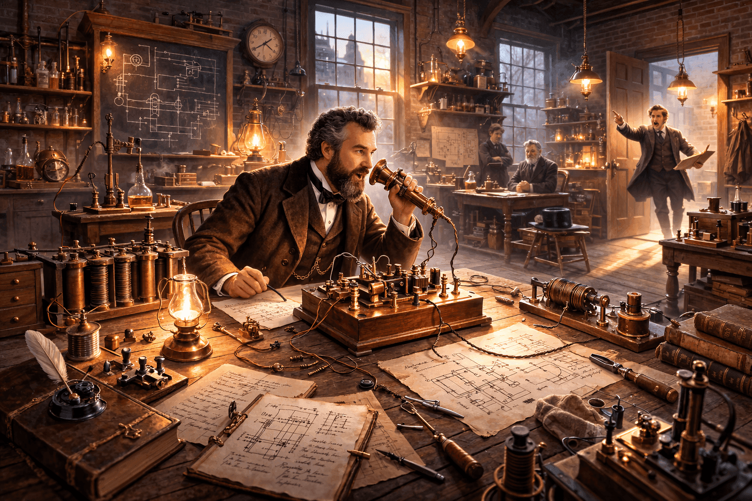 Historical illustration of 1870s laboratory with early telephone equipment and Victorian scientific apparatus