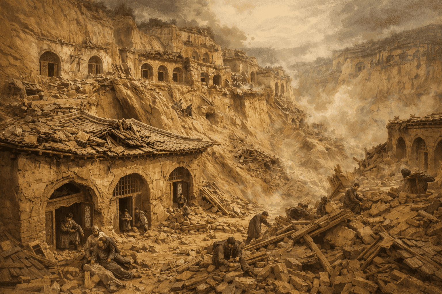 Traditional Chinese yaodong cave dwellings carved into loess cliffs with dramatic earthquake damage and destruction