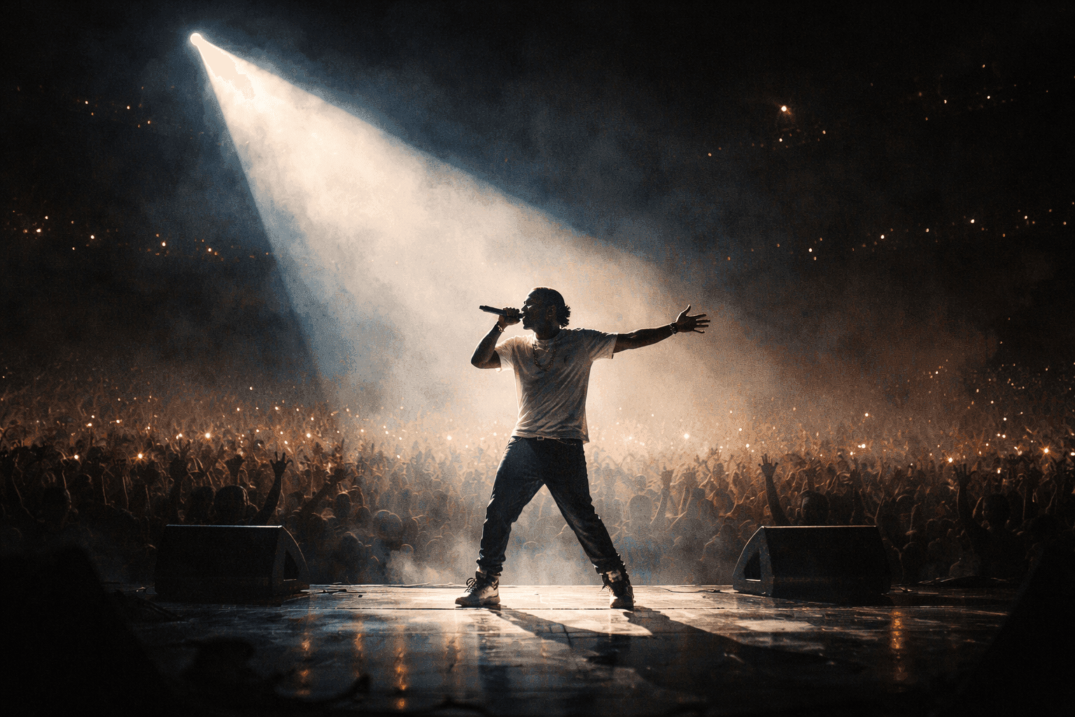A hip-hop performer on a dramatically lit concert stage commanding an enormous crowd in a packed arena