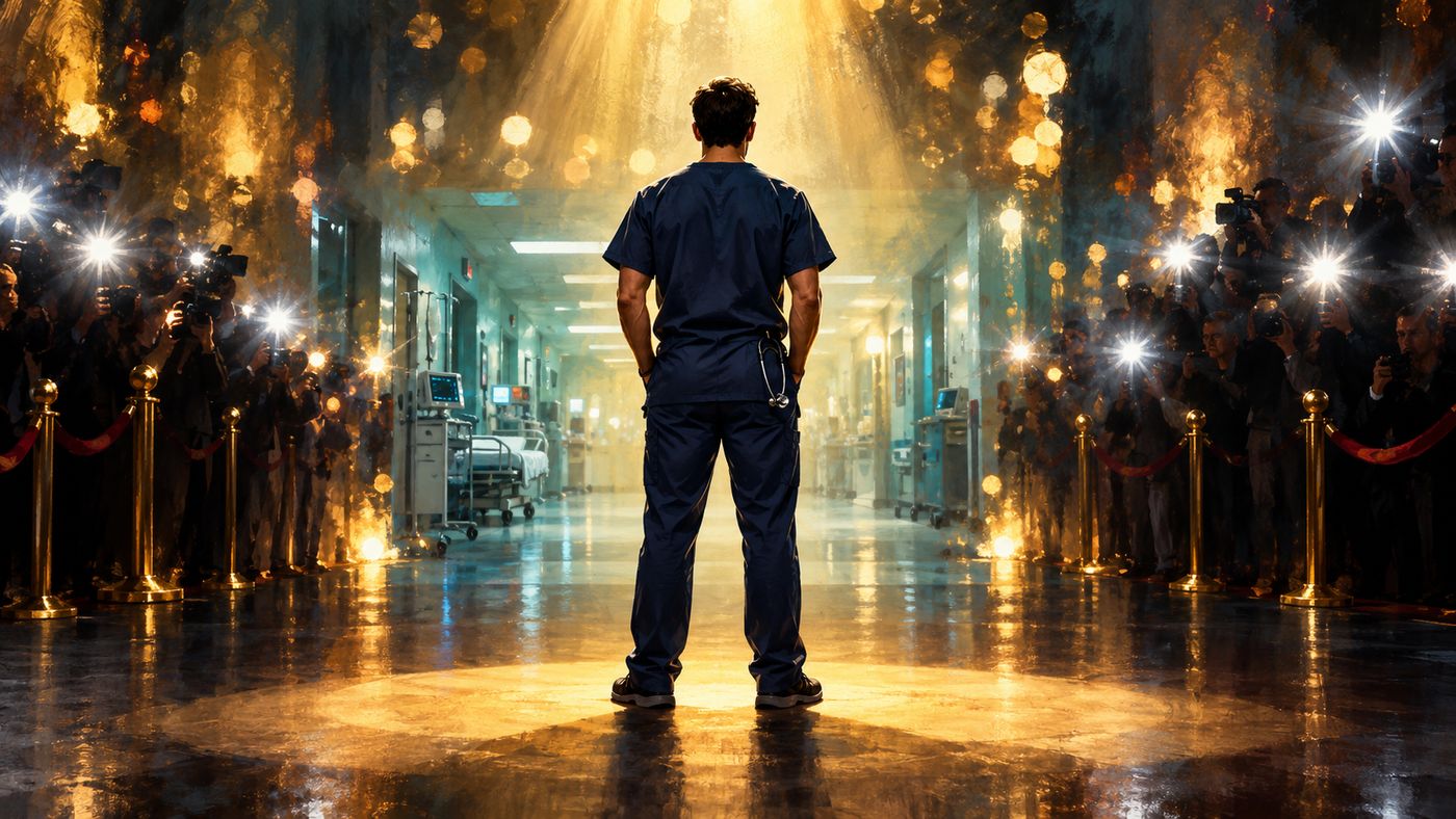 A man in navy scrubs seen from behind, standing in a golden spotlight as camera flashes burst around him