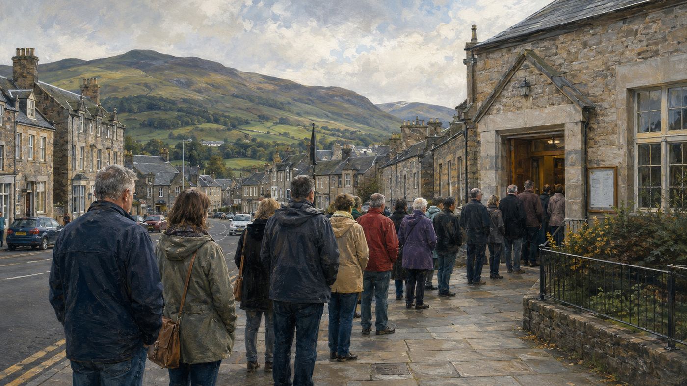 A Scottish polling station on a September morning, voters queuing outside a community hall in a small Scottish town, the surrounding Highland landscape visible