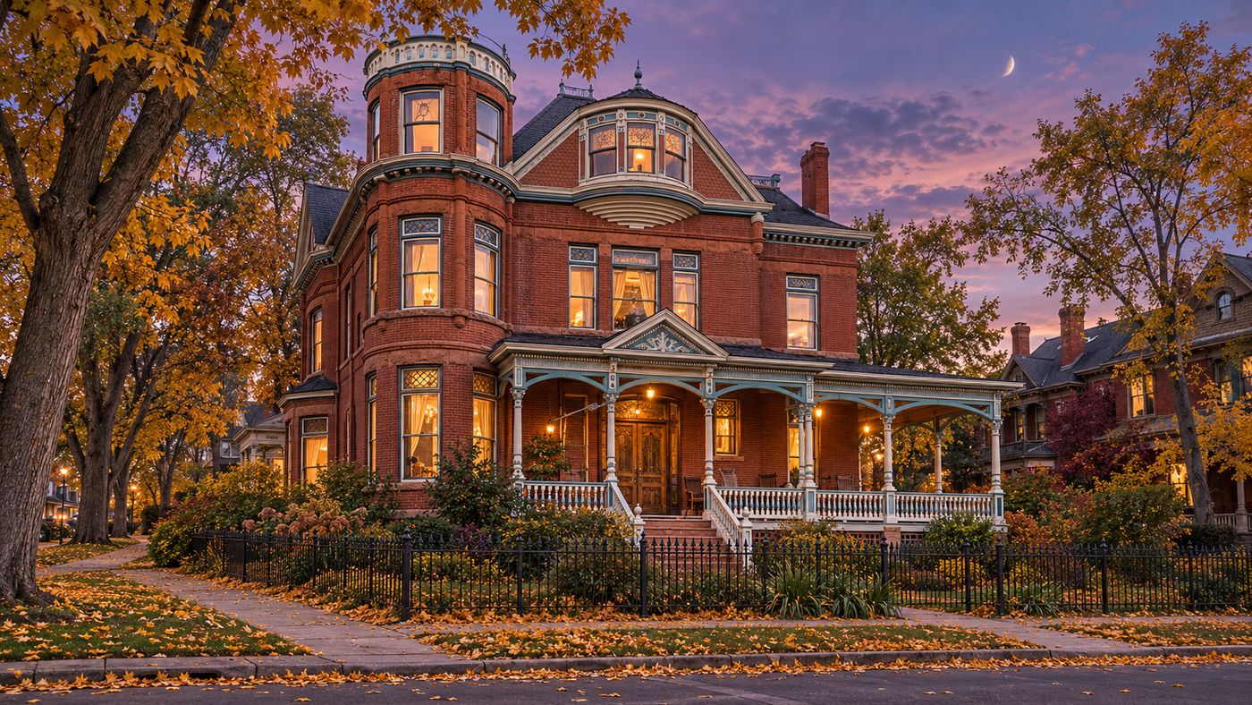 The Lumber Baron Inn, an 1890 red brick Victorian mansion with a corner turret in Denver's Potter Highlands neighborhood