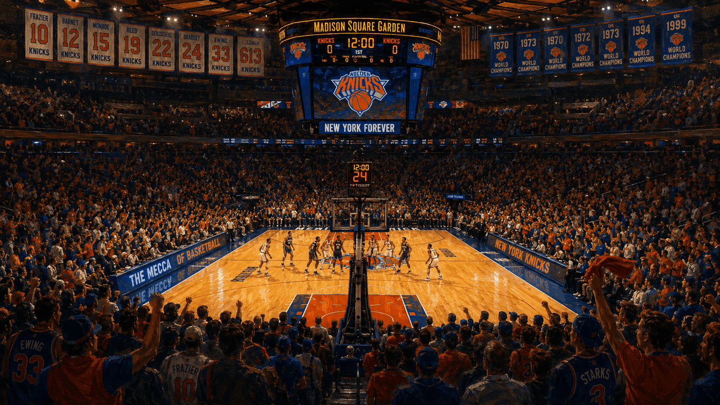 The interior of Madison Square Garden packed with fans during an electric NBA playoff game