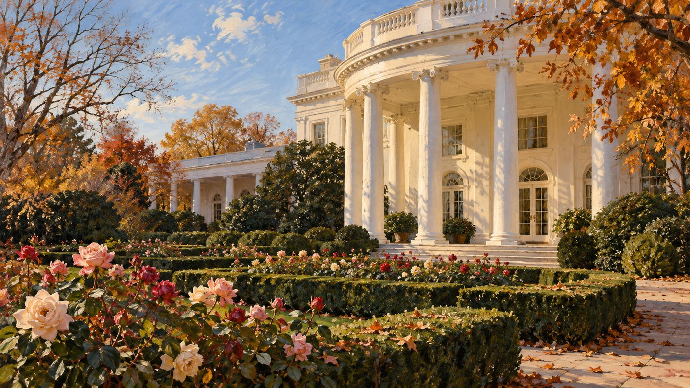 A painterly illustration of the White House Rose Garden in autumn — the formal garden with its manicured hedges and late-season blooms, the White House portico visible behind, a clear November sky above