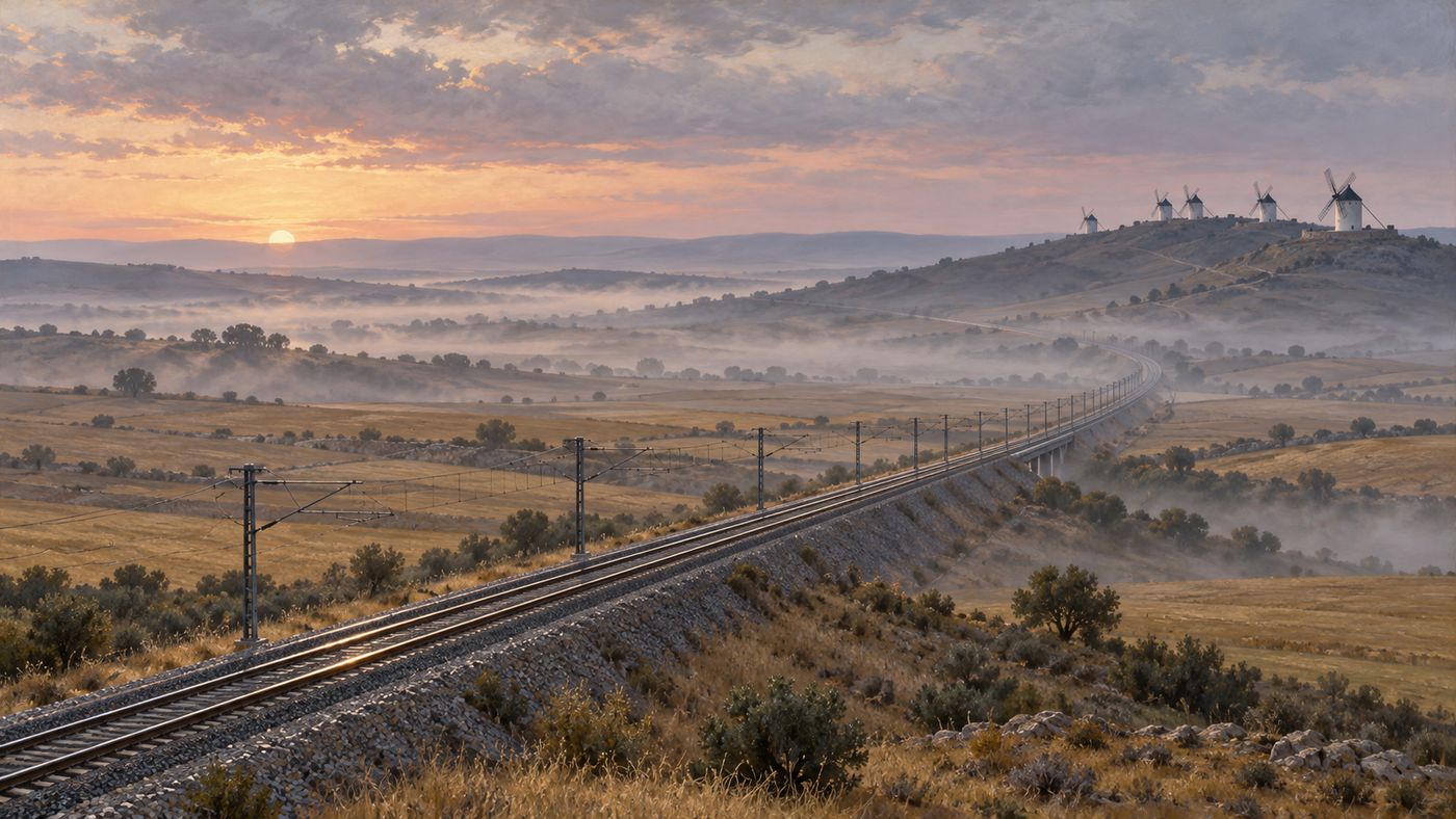 An empty high-speed rail line crossing the plains of central Spain at dawn, with historic windmills on a distant ridge