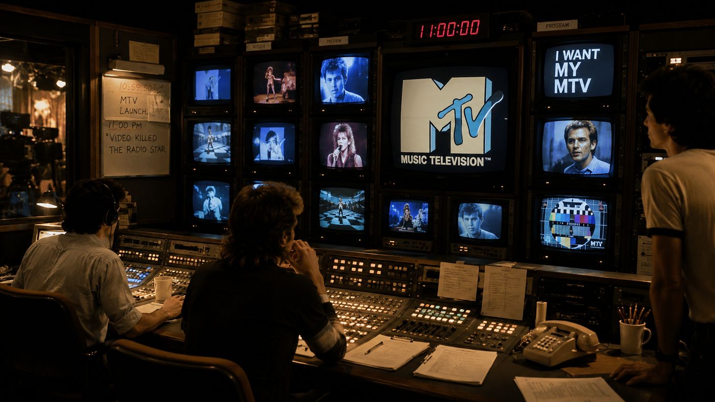 A 1980s television studio control room at midnight, monitors showing music videos, technicians at consoles in the glow of the screens